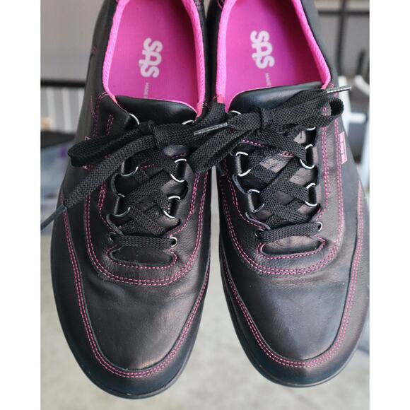 SAS Sporty Leather Sneakers Black Pink Lace up Comfort Cushion Walking Women 10 - Picture 2 of 8